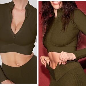 NWT Joja Exhale Long Sleeve Half-Zip Crop Top in Army Green, Sizes XS, S, and M